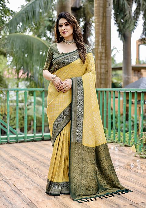 Yellow Zari Woven Faux Kanjivaram Silk Saree Set