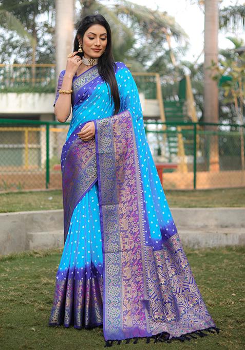 Blue Zari Woven Faux Kanjivaram Silk Saree Set