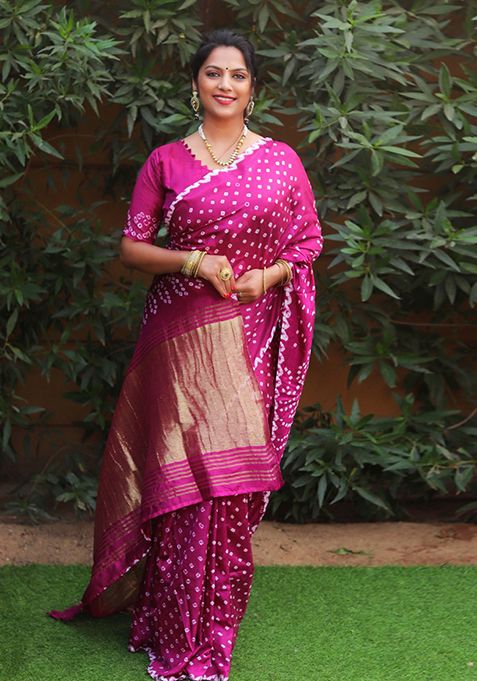 Rani Pink Zari Woven Bandhej Silk Saree Set