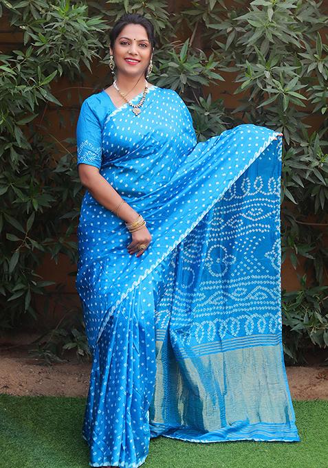 Blue Zari Woven Bandhej Silk Saree Set