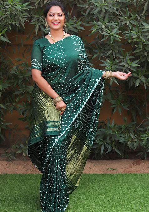 Green Zari Woven Bandhej Silk Saree Set