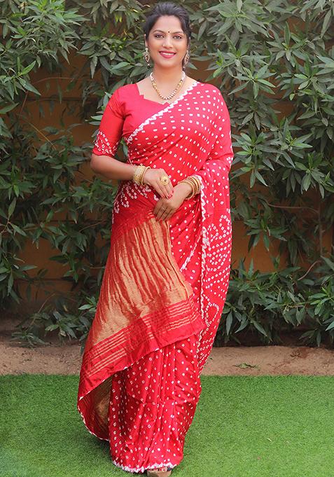 Red Zari Woven Bandhej Silk Saree Set