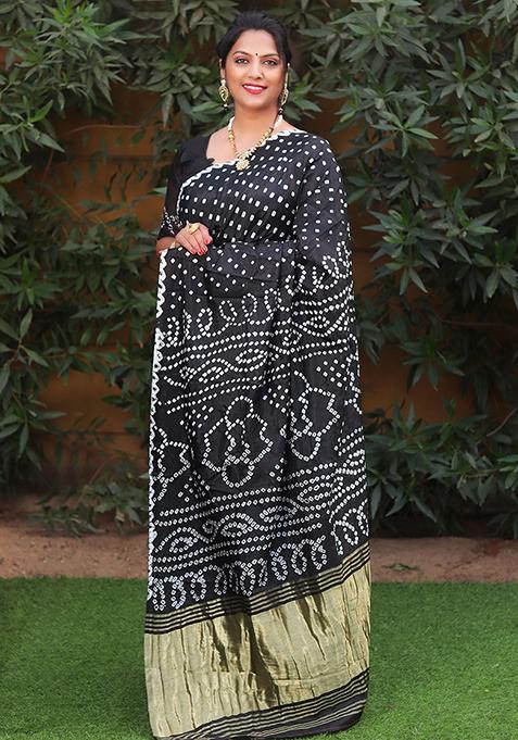 Black Zari Woven Bandhej Silk Saree Set