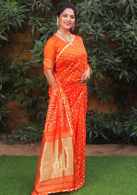 Orange Zari Woven Bandhej Silk Saree Set