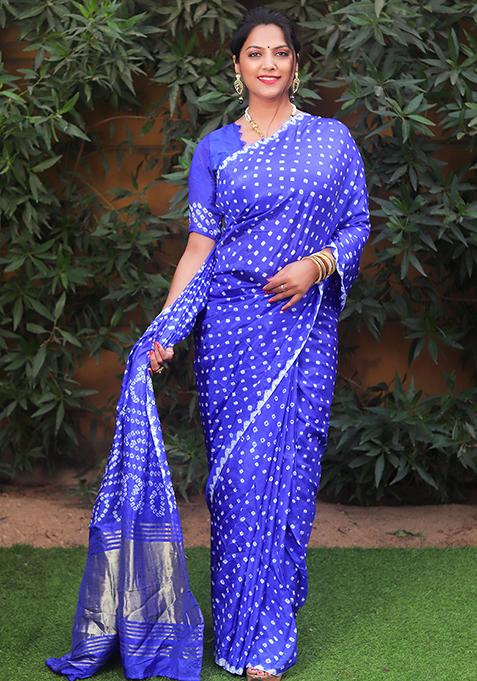 Dark Blue Zari Woven Bandhej Silk Saree Set