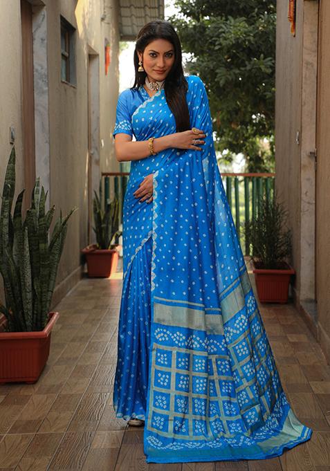 Blue Zari Woven Bandhej Silk Saree Set