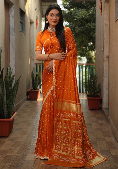 Orange Zari Woven Bandhej Silk Saree Set