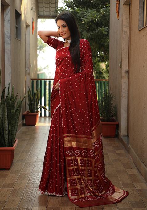 Red Zari Woven Bandhej Silk Saree Set