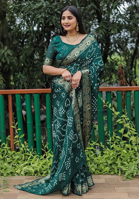 Green Zari Woven Bandhej Silk Saree Set