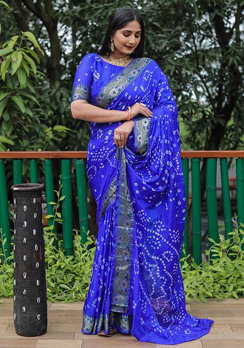 Blue Zari Woven Bandhej Silk Saree Set