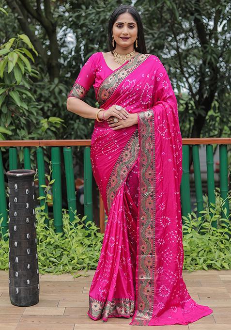 Pink Zari Woven Bandhej Silk Saree Set