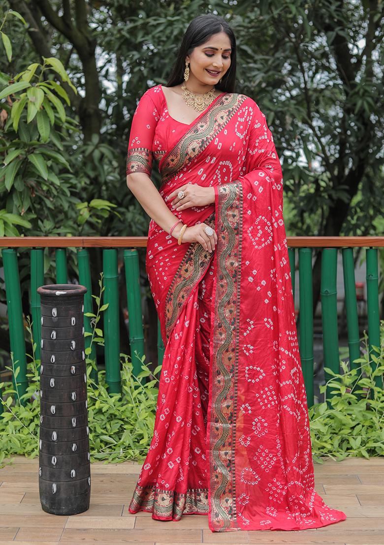 Red Zari Woven Bandhej Silk Saree Set