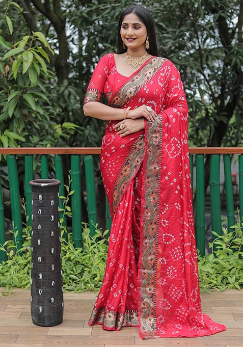 Red Zari Woven Bandhej Silk Saree Set