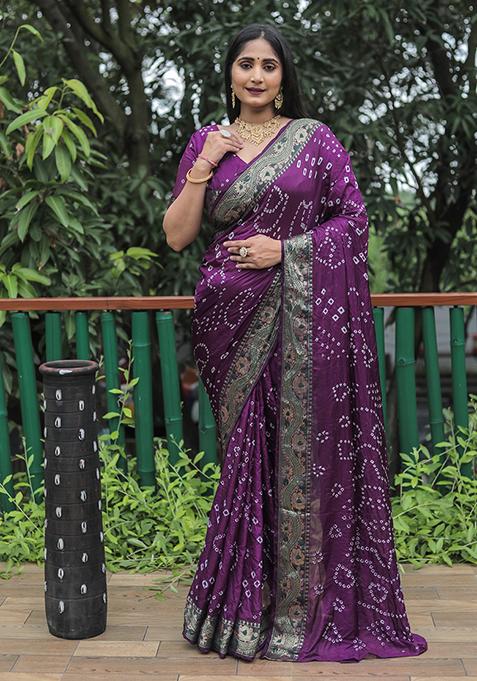 Purple Zari Woven Bandhej Silk Saree Set