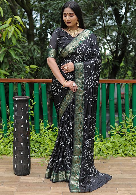 Black Zari Woven Bandhej Silk Saree Set