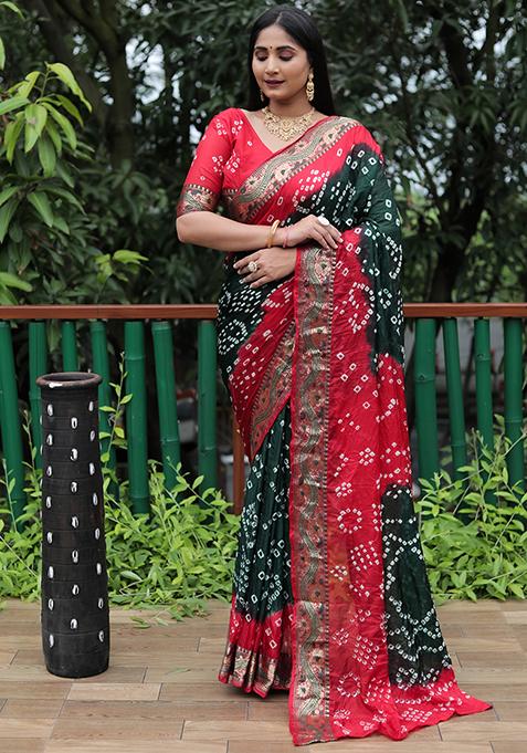 Green Zari Woven Bandhej Silk Saree Set