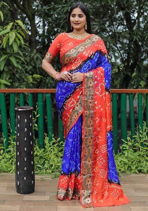 Dark Blue Zari Woven Bandhej Silk Saree Set