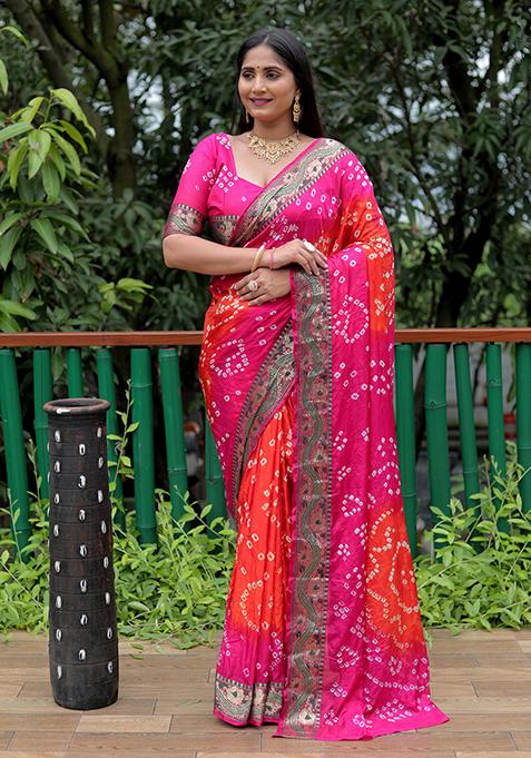 Orange Zari Woven Bandhej Silk Saree Set