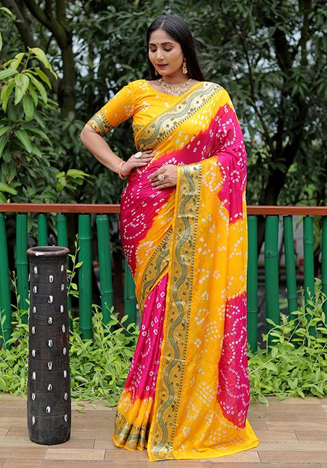 Pink Zari Woven Bandhej Silk Saree Set