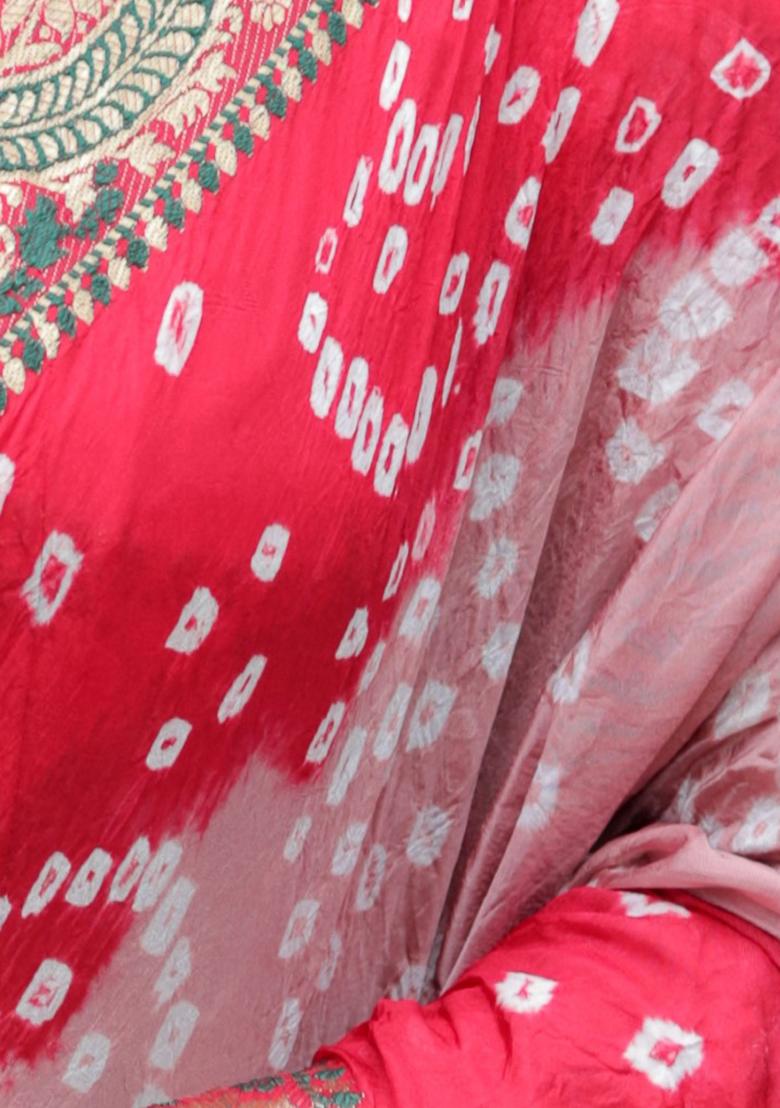 Coral Zari Woven Bandhej Silk Saree Set