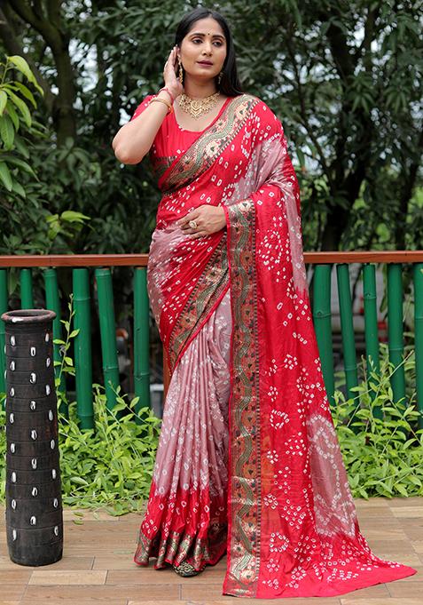 Coral Zari Woven Bandhej Silk Saree Set