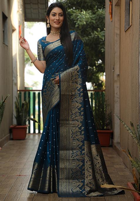 Teal Blue Zari Woven Bandhej Kanjivaram Silk Saree Set