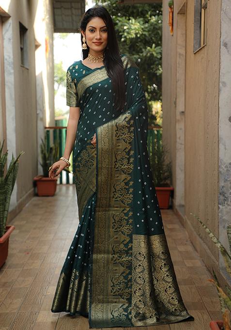 Green Zari Woven Bandhej Kanjivaram Silk Saree Set