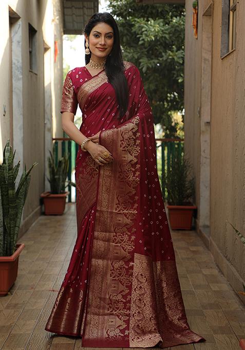 Maroon Zari Woven Bandhej Kanjivaram Silk Saree Set