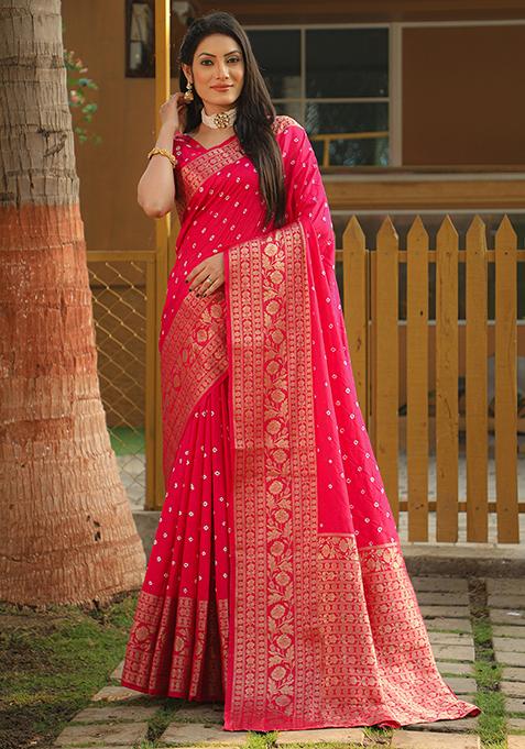 Pink Zari Woven Bandhej Kanjivaram Silk Saree Set