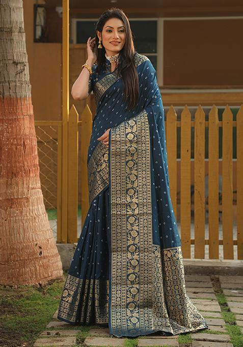 Teal Blue Zari Woven Bandhej Kanjivaram Silk Saree Set