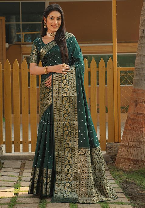 Green Zari Woven Bandhej Kanjivaram Silk Saree Set