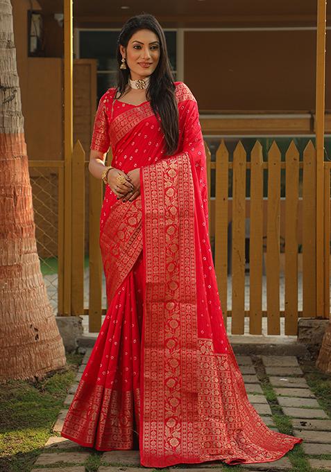 Coral Zari Woven Bandhej Kanjivaram Silk Saree Set