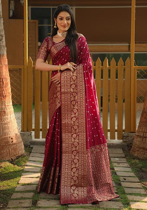 Maroon Zari Woven Bandhej Kanjivaram Silk Saree Set