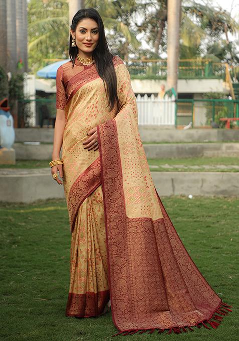 Cream Zari Woven Faux Kanjivaram Silk Saree Set