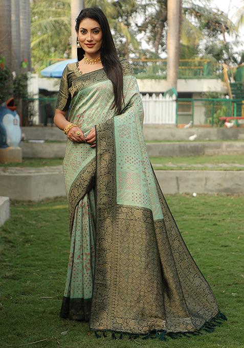 Sea Green Zari Woven Faux Kanjivaram Silk Saree Set