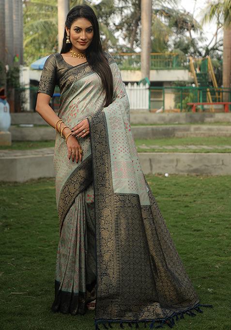 Turquoise Zari Woven Faux Kanjivaram Silk Saree Set