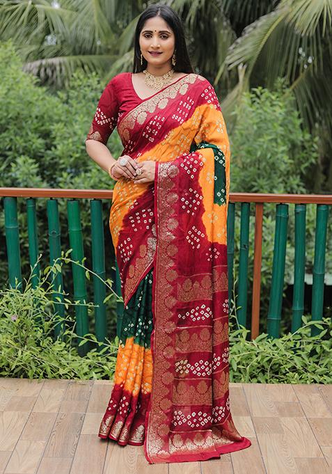 Red Zari Woven Bandhej Silk Saree Set