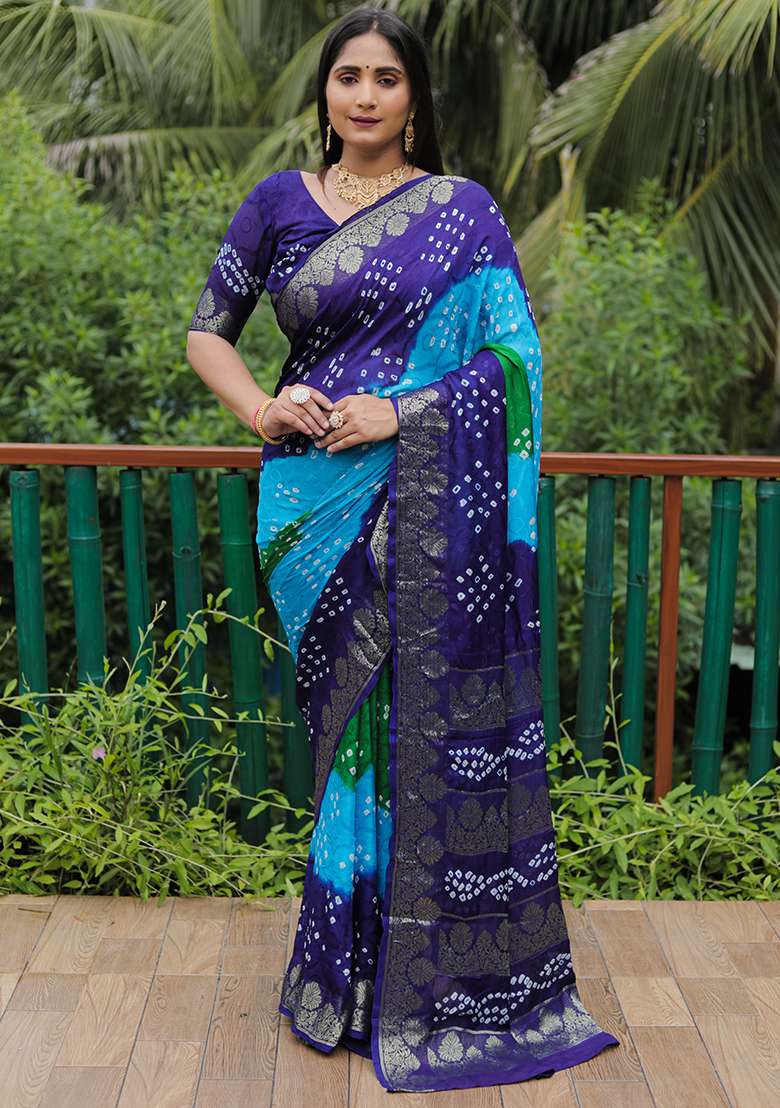 Blue Zari Woven Bandhej Silk Saree Set for Diwali | Wedding & Festive Wear - Indya