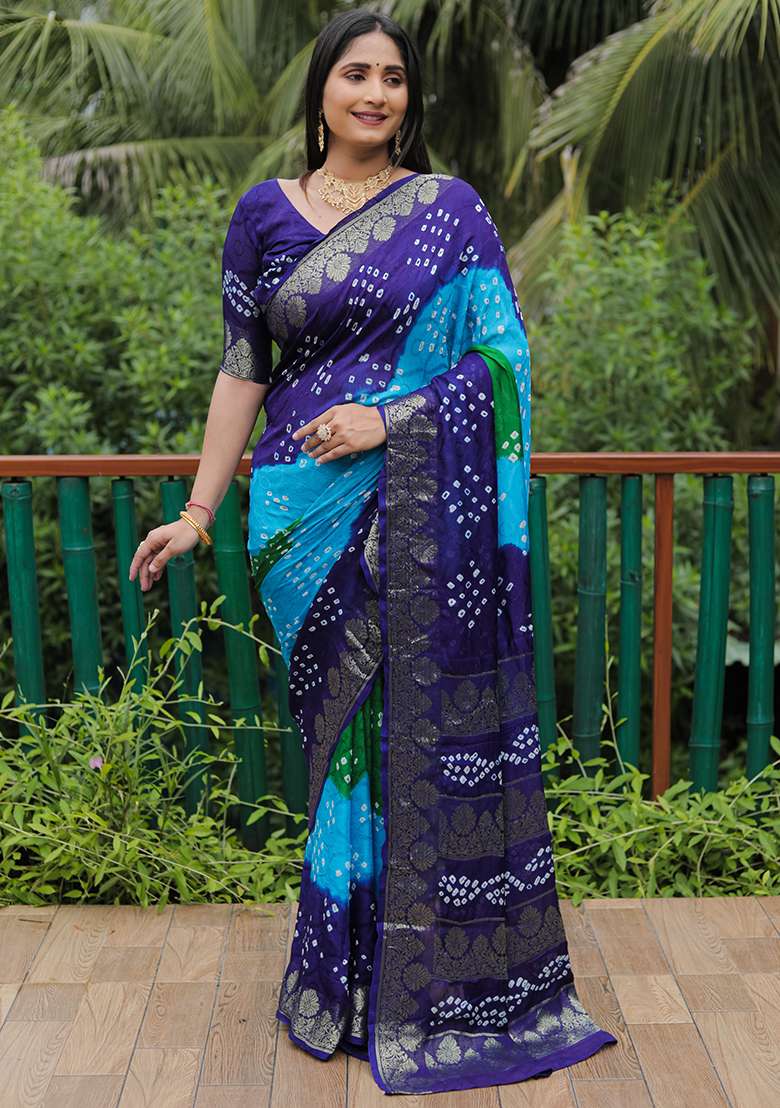 Blue Zari Woven Bandhej Silk Saree Set for Diwali | Wedding & Festive Wear - Indya