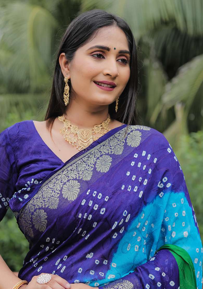 Blue Zari Woven Bandhej Silk Saree Set for Diwali | Wedding & Festive Wear - Indya