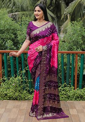 Wine Zari Woven Bandhej Silk Saree Set
