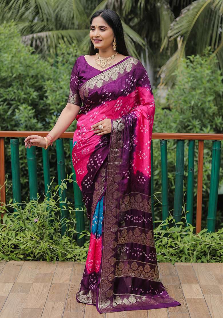 Wine Zari Woven Bandhej Silk Saree Set for Diwali | Wedding & Festive Wear - Indya