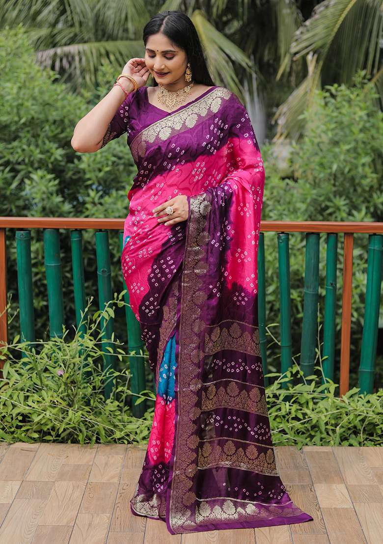 Wine Zari Woven Bandhej Silk Saree Set for Diwali | Wedding & Festive Wear - Indya