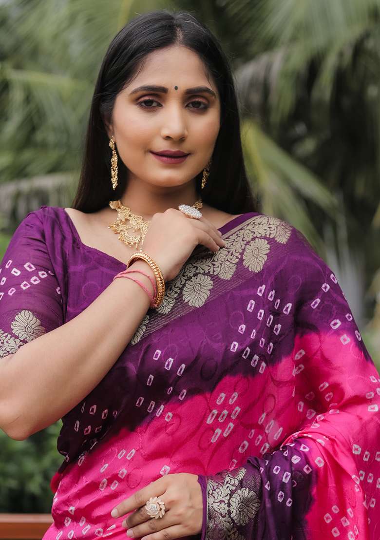Wine Zari Woven Bandhej Silk Saree Set for Diwali | Wedding & Festive Wear - Indya