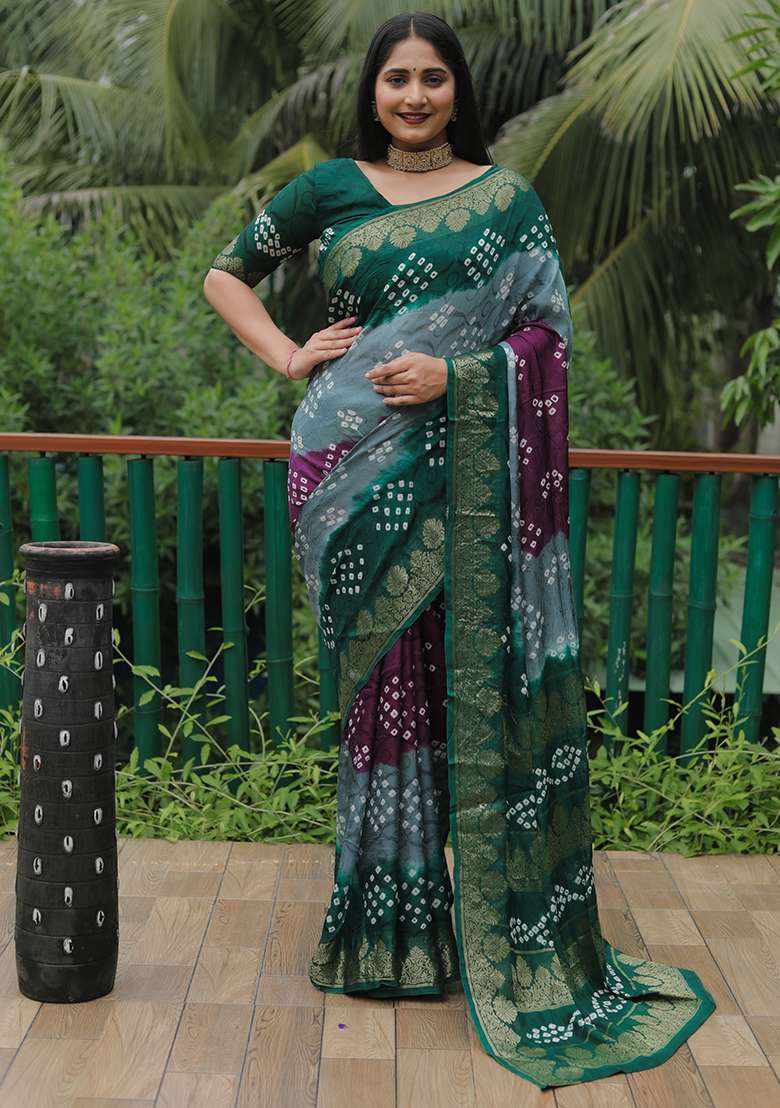Dark Green Zari Woven Bandhej Silk Saree Set for Diwali | Wedding & Festive Wear - Indya