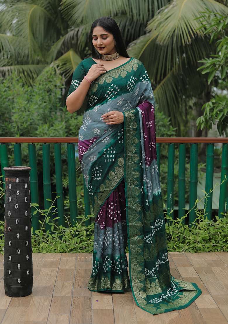 Dark Green Zari Woven Bandhej Silk Saree Set for Diwali | Wedding & Festive Wear - Indya
