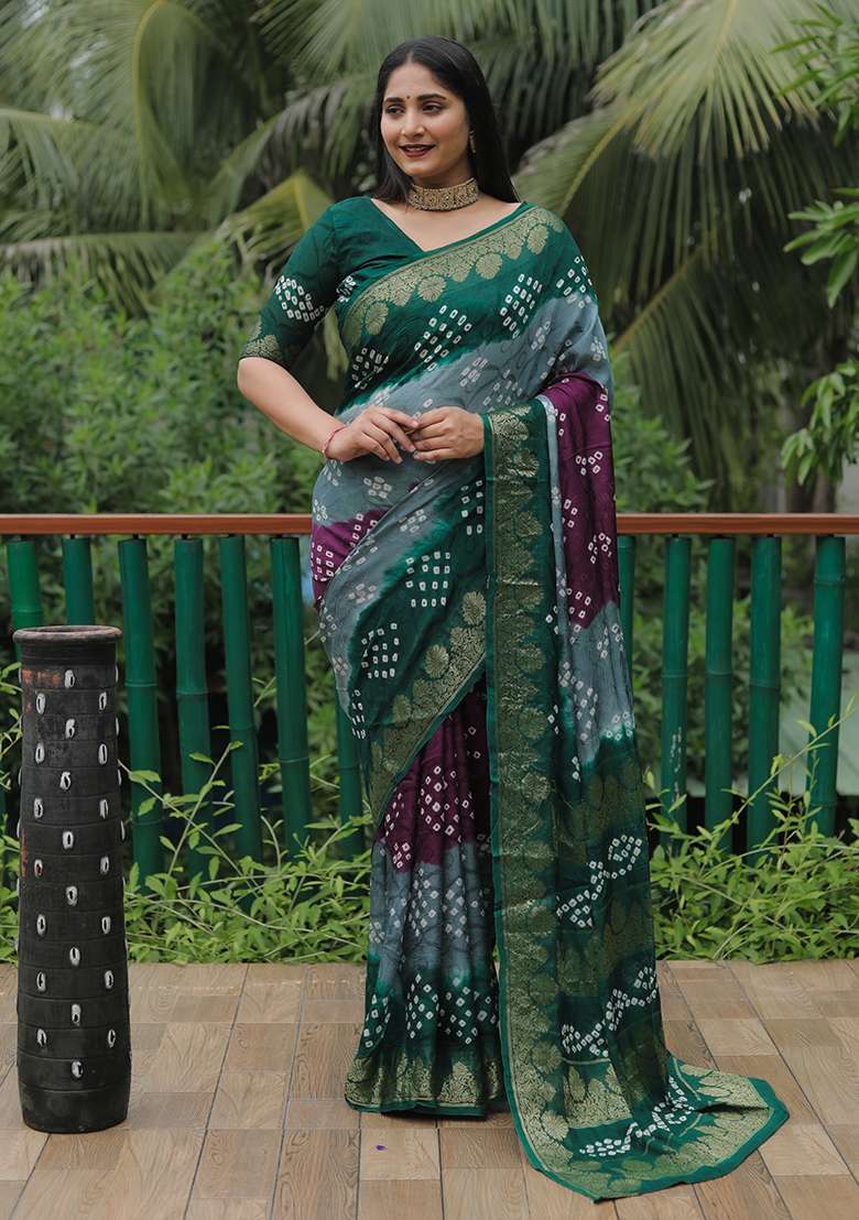 Dark Green Zari Woven Bandhej Silk Saree Set for Diwali | Wedding & Festive Wear - Indya
