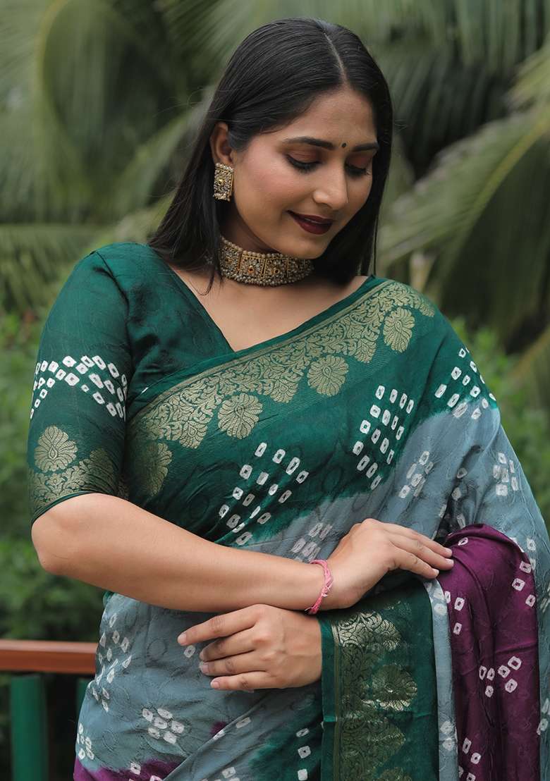 Dark Green Zari Woven Bandhej Silk Saree Set for Diwali | Wedding & Festive Wear - Indya