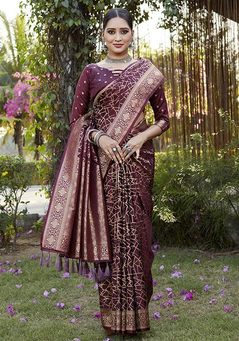 Maroon Zari Woven Silk Blend Saree Set