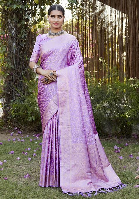 Light Purple Zari Woven Silk Blend Saree Set